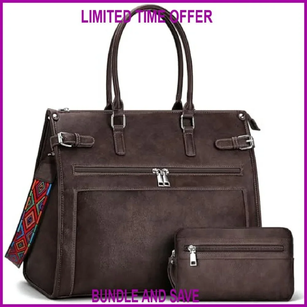 15.6 Inch Vegan Leather Laptop Tote Bag with 9 Pockets, Shoulder & Handbag